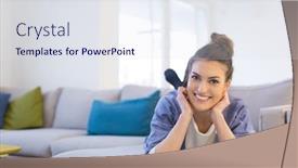  Presentation with mobile home - Beautiful presentation design featuring young happy woman using mobile phone on sofa at luxury home backdrop and a sky blue colored foreground