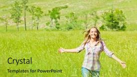  Presentation with nature countryside - Theme featuring young happy woman walking on wheat field cute teen runs on green grass field carefree girl enjoying peaceful countryside nature beautiful smiling female have recreation in park freedom concept background and a yellow colored foreground