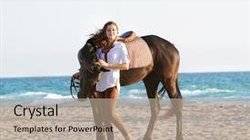  Presentation with horse - PPT theme consisting of young happy woman with horse background and a coral colored foreground