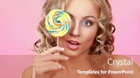  Presentation with lollipop - PPT theme with young happy woman with lollipop isolated on pink background background and a coral colored foreground