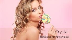  Presentation with lollipop - Slide deck with young happy woman with lollipop isolated on pink background background and a coral colored foreground