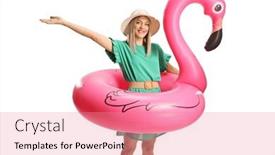  Presentation with flamingo - PPT layouts enhanced with young-happy-woman background and a coral colored foreground