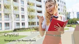  Presentation with property - Theme featuring young happy women or student on the property business background background and a mint green colored foreground