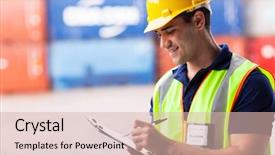  Presentation with depot container - Audience pleasing slides consisting of young harbor container warehouse worker backdrop and a  colored foreground