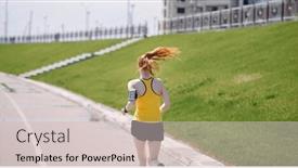  Presentation with black road - Colorful slide deck enhanced with young healthy lifestyle woman in yellow sports shirt and black shorts running at sunrise asphalt road backdrop and a soft green colored foreground