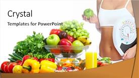  Presentation with frame of fruits and vegetables - Cool new PPT theme with young healthy woman with fruits backdrop and a white colored foreground