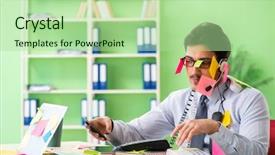  Presentation with help desk - Amazing slide deck having young help desk operator working backdrop and a  colored foreground