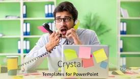  Presentation with help desk - Cool new slides with young help desk operator working in office with many conflicting backdrop and a soft green colored foreground