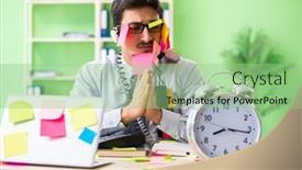  Presentation with help desk - Slide set having young help desk operator working in office with many conflicting background and a seafoam green colored foreground