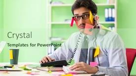  Presentation with help desk - PPT theme featuring young help desk operator working in office with many conflicting background and a soft green colored foreground