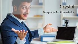  Presentation with help desk - PPT theme enhanced with young help desk operator working in office background and a light gray colored foreground