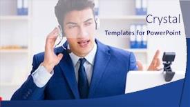  Presentation with help desk - PPT theme featuring young-help-desk-operator-working background and a sky blue colored foreground