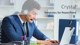  Presentation with help desk - Beautiful slide deck featuring young-help-desk-operator-working backdrop and a sky blue colored foreground