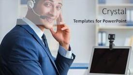  Presentation with help desk - Beautiful presentation theme featuring young-help-desk-operator-working backdrop and a light gray colored foreground