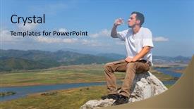  Presentation with mountain water - Slide set with young hiker drinks water background and a  colored foreground