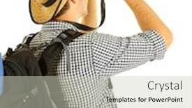  Presentation with binocular - Beautiful slide set featuring young-hiker-man-tourist backdrop and a soft green colored foreground