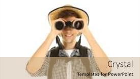  Presentation with binocular - PPT theme with young-hiker-man-tourist background and a coral colored foreground