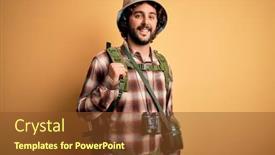  Presentation with canteen - Colorful PPT theme enhanced with young-hiker-man-with-curly backdrop and a tawny brown colored foreground