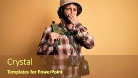  Presentation with canteen - Beautiful presentation design featuring young-hiker-man-with-curly backdrop and a tawny brown colored foreground