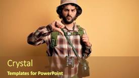 Presentation with canteen - Beautiful presentation design featuring young-hiker-man-with-curly backdrop and a tawny brown colored foreground