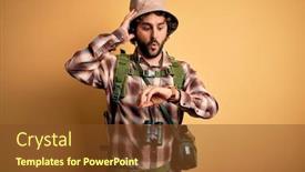  Presentation with canteen - Presentation theme enhanced with young-hiker-man-with-curly background and a tawny brown colored foreground