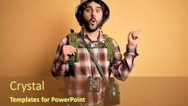  Presentation with canteen - PPT theme enhanced with young-hiker-man-with-curly background and a tawny brown colored foreground