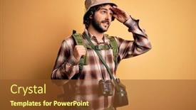  Presentation with canteen - Presentation theme featuring young-hiker-man-with-curly background and a tawny brown colored foreground