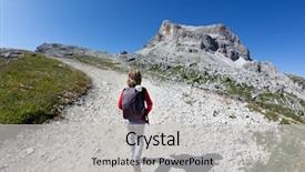  Presentation with walking trail - Beautiful presentation theme featuring young hiker walking on a mountain trail dolomities south tirol italian alps europe backdrop and a light gray colored foreground