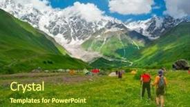  Presentation with trekking - Colorful PPT theme enhanced with young hikers trekking in svaneti georgia shkhara mountain in the background backdrop and a tawny brown colored foreground