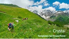  Presentation with trekking - Amazing PPT theme having young hikers trekking in svaneti georgia shkhara mountain in the background backdrop and a tawny brown colored foreground