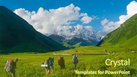  Presentation with trekking - Slide set featuring young hikers trekking in svaneti georgia shkhara mountain in the background background and a tawny brown colored foreground