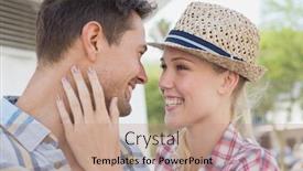  Presentation with hip - Slide deck having young hip couple smiling at each other on a sunny day in the city background and a coral colored foreground