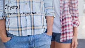  Presentation with hip - Presentation theme consisting of young hip couple wearing check shirts and denim on a sunny day in the city background and a light blue colored foreground