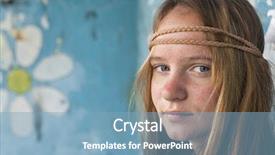  Presentation with 70s - Slides enhanced with young hippie girl dirty painting background and a light blue colored foreground