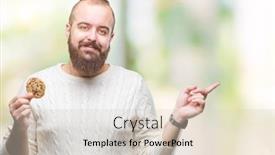  Presentation with chocolate chip cookie - Cool new PPT theme with young hipster man eating chocolate chips cookie over isolated background very happy pointing with hand and finger to the side backdrop and a lemonade colored foreground