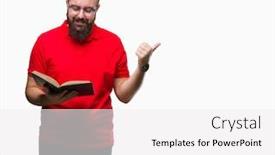  Presentation with book glasses - PPT layouts featuring young hipster man wearing glasses and reading a book over isolated background very happy pointing with hand and finger to the side background and a white colored foreground