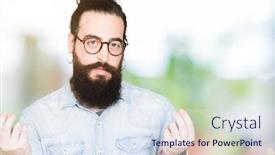  Presentation with payment - Presentation theme with young hipster man with long hair and beard wearing glasses doing money gesture with hand asking for salary payment millionaire business background and a sky blue colored foreground
