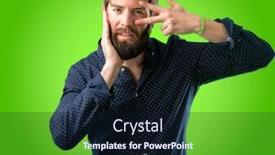  Presentation with kiss - PPT theme with young hipster man with big beard looking at camera through her fingers in victory gesture winking the eye and blowing a kiss over green background background and a wine colored foreground