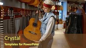  Presentation with instrument - PPT theme featuring young-hipster-woman-buyer-choosing background and a tawny brown colored foreground