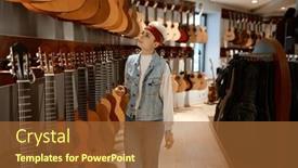  Presentation with instrument - Presentation theme featuring young-hipster-woman-buyer-choosing background and a red colored foreground