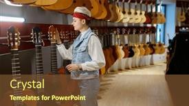  Presentation with instrument - PPT theme consisting of young-hipster-woman-buyer-choosing background and a tawny brown colored foreground