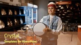  Presentation with drum - Presentation design having young-hipster-woman-choosing-drum background and a  colored foreground