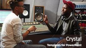  Presentation with audio tape in music studio - Audience pleasing slides consisting of young hipsters sitting in music backdrop and a wine colored foreground
