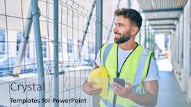  Presentation with blueprint - Beautiful PPT theme featuring young-hispanic-architect-man-holding backdrop and a light blue colored foreground