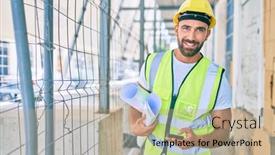  Presentation with city street - Theme consisting of young-hispanic-architect-man-holding background and a coral colored foreground