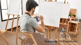  Presentation with art - Slides having young-hispanic-artist-man-onback background and a coral colored foreground