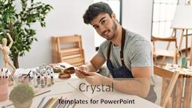  Presentation with modeling - Presentation consisting of young-hispanic-artist-man-smiling background and a coral colored foreground