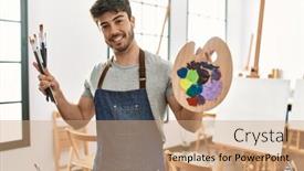  Presentation with artistic artist art brush - Presentation theme with young-hispanic-artist-man-smiling background and a coral colored foreground