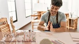  Presentation with art - Slides featuring young-hispanic-artist-man-smiling background and a coral colored foreground