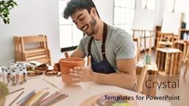  Presentation with art - PPT layouts with young-hispanic-artist-man-smiling background and a coral colored foreground